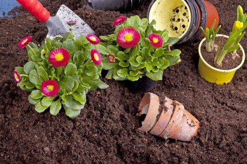 Gardener working in a Muswell Hill front garden with tools